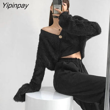 Yipinpay 2023 Winter Sexy Mohair Long Sleeve Button Up Women Cardigan Korea Style Solid Ladies Short Sweater Coat Party Clothing